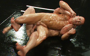 Two big dicked studs take on a cocky muscle stud in a sex crazed oil match.