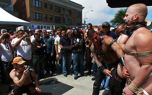 A stud is stripped naked and humiliated in public.