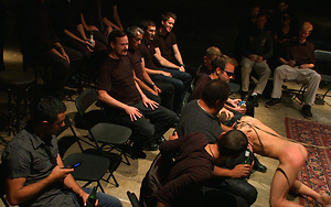 Trent Diesel gets tied up, receives cocks and bukake in all directions, and loving it.
