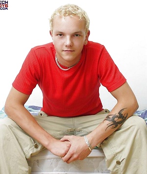 Blonde twink boy jacking off cock