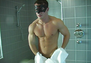 Masked stud Rick enjoys being on camera with his thick uncut dick shooting cum on him