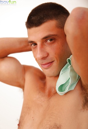 Jonah Kale flexes his muscles and then flexes his hard cock.