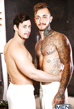Inked guy Brian Michaels fucks friend after exchanged with blowjobs