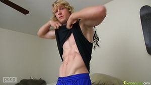 Long haired blonde twink has an awesome body, and licks his cum up after jerking off