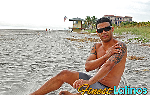 Marcos bares it all at the beach, letting the sun bake his Latino body as he jerks off in the sand
