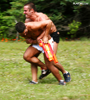 Roughhousing and sports have these hot six packed studs topless and hot